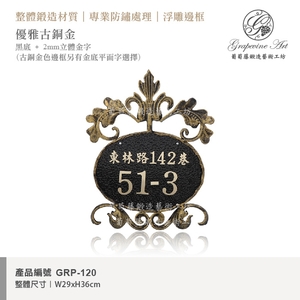 GRP-120 鍛造門牌 黑底立體字,葡萄藤鍛造藝術公司